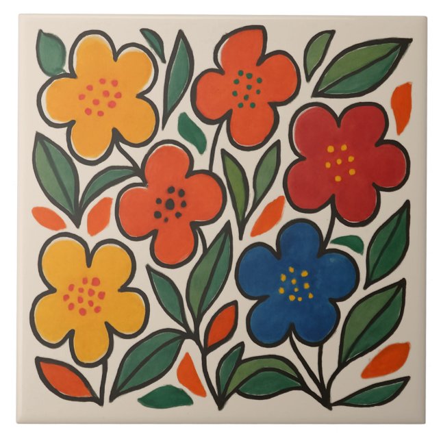 Retro 1960s Style Floral Pattern Kakelplatta (Framsidan)
