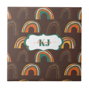 Retro 1970-tal regnbågsmönster Monogramplatta Kakelplatta
