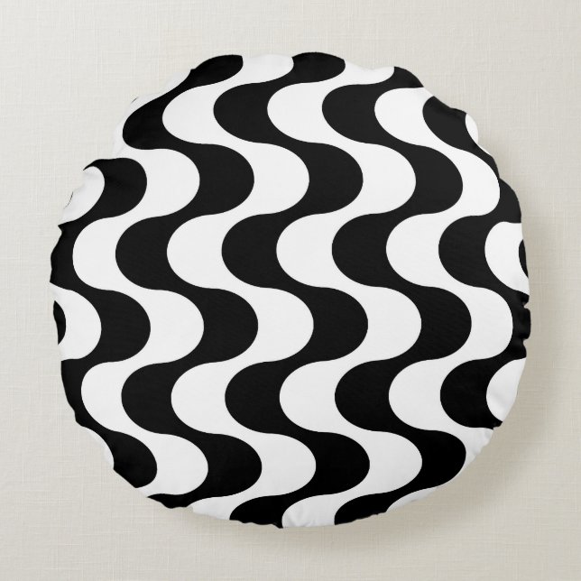 Retro 1970-talet Vågigt Op-Art Rand Mönster Rund Kudde (Framsidan)