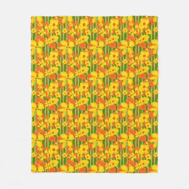 Retro 1970-talets Gult Orange Flowers Fleecefilt (Framsidan)