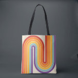 Retro 1970s Style Arched Stripes Geometric Pattern Tygkasse<br><div class="desc">This artwork channels a retro graphic spirit, forming the letter‑like curve with parallel bands of red, orange, yellow, light blue, teal, and purple. The layered arcs flow in harmony, evoking the bold optimism of 1970s design. Set against a soft beige background, the vibrant rainbow palette stands out with clarity and...</div>
