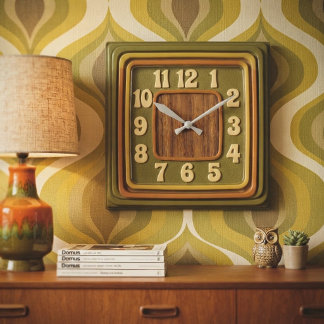 Retro 1970s Vintage Avocado Green & Orange Nested Fyrkantig Klocka