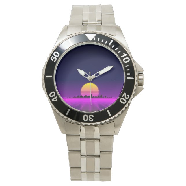 Retro 1980-talets synthwave glowing neon ljus city armbandsur (Framsida)