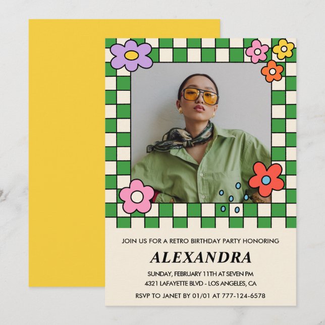 Retro 20-års inbjudningskort Groovy blommor (Fram/baksida)