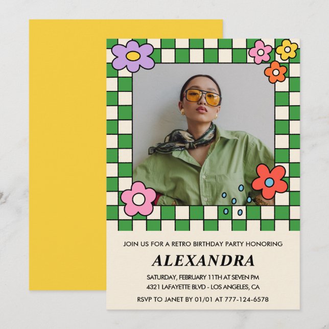 Retro 23-års födelsedagsinbjudningar Groovy blommo Inbjudningar (Fram/baksida)