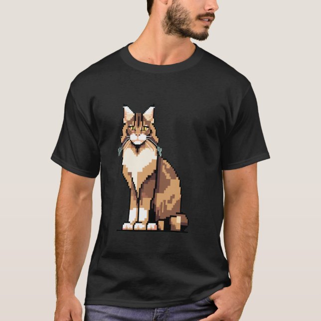 Retro 32-bitars spel Pixel Art Maine Coon Katt T Shirt (Framsida)