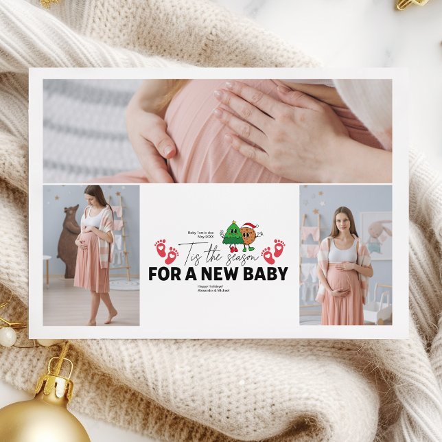 Retro 3-foto Tis Season Gravid Announceme Julkort (Skapare uppladdad)