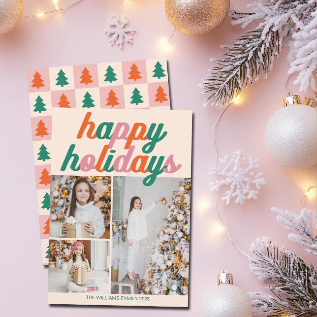 Retro 3 Photo Christmas Collage Happy Holidays Julkort (Skapare uppladdad)