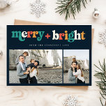Retro 3 Photo Colorful Merry & Bright Jul Julkort<br><div class="desc">Det här Retro 3-fotofärgkortet för nybörjare och ljus jul erbjuder en roligt och nostalgisk Helgdag på din traditionella Julhälsningar. Med tre anpassadens fotokortplatser ger den fetstilta retrotypografin en levande och groovisk känsla för meddelandet "Merry & Bright". De lekfulla, färgstarka bokstäverna mot en enkel bakgrund i mörken ge kortet en balans...</div>