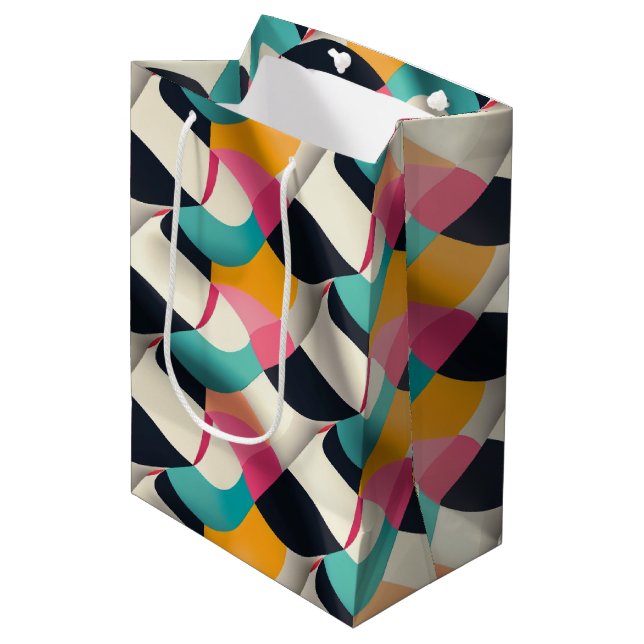 Retro 3D geometriskt mönster i teal, rosa, senap (Framsidan Vinklad)