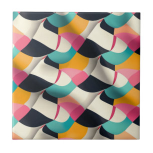 Retro 3D geometriskt mönster i teal, rosa, senap Kakelplatta