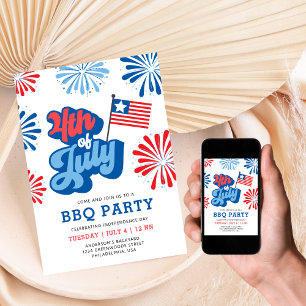 Retro 4:e juli Fireworks America Flagga BBQ Party Inbjudningar