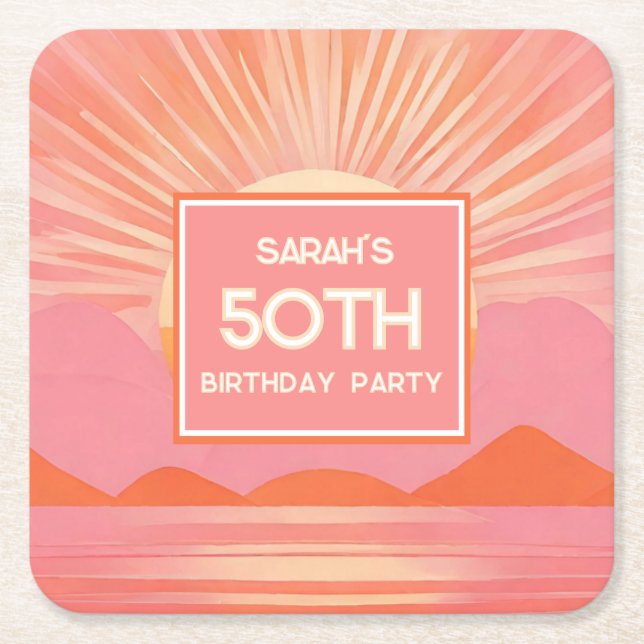 Retro 50-årsfirande Rosa solnedgång Papper coaster Underlägg Papper Kvadrat (Framsidan)