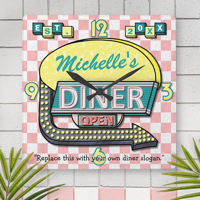 Retro 50:s Middag Sign Rosa Teal Personlig Namn Fyrkantig Klocka (Skapare uppladdad)