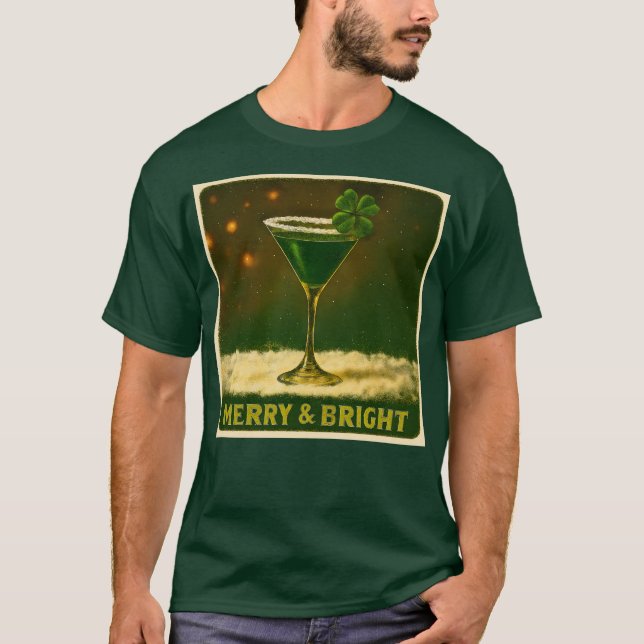 Retro 50-tal 4-bladig klöver irländsk jul Martini T Shirt (Framsida)