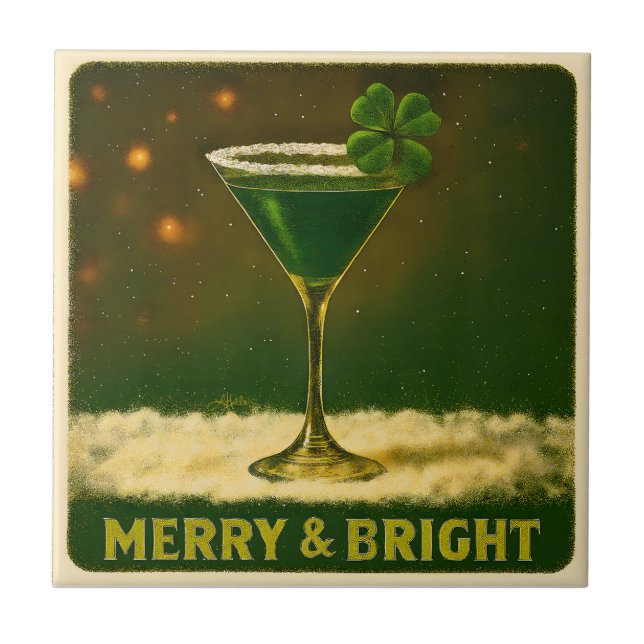 Retro 50-tal 4 Leaf Clover Irländsk jul Martini Kakelplatta (Framsidan)