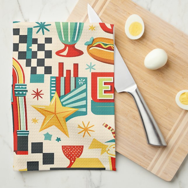 Retro 50-tal diner abstrakt geometrisk tekannetork kökshandduk (Vikt i Fjärdedel)