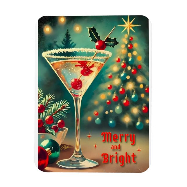 Retro 50-tal Merry Bright Christmas Cocktail Marti Magnet (Vertikal)