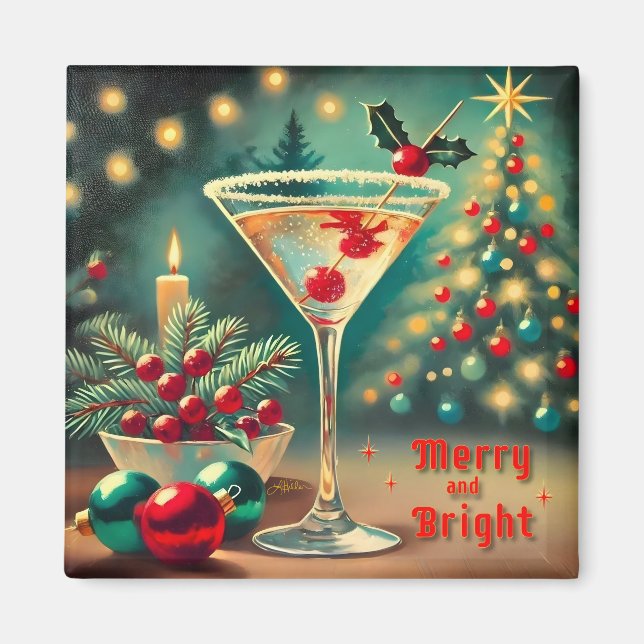 Retro 50-tal Merry Bright Christmas Cocktail Marti Magnet (Framsidan)