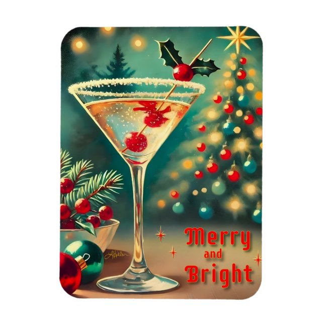 Retro 50-tal Merry Bright Christmas Cocktail Marti Magnet (Vertikal)