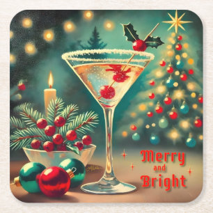 Retro 50-tal Merry Bright Christmas Cocktail Marti Underlägg Papper Kvadrat