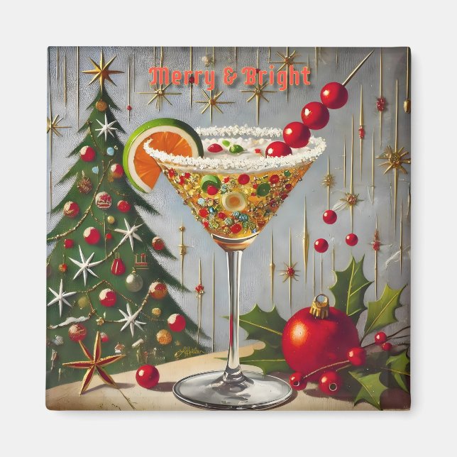 Retro 50-tal Merry Bright Julgodis Cocktail Magnet (Framsidan)