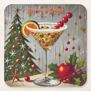 Retro 50-tal Merry Bright Julgodis Cocktail Underlägg Papper Kvadrat