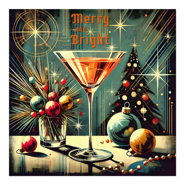 Retro 50-tal Merry & Bright Julmartini Fototryck (Framsidan)
