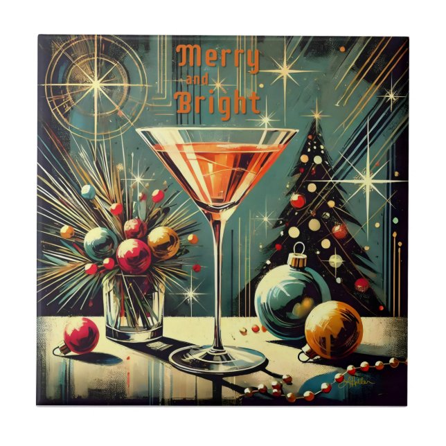 Retro 50-tal Merry & Bright Julmartini Kakelplatta (Framsidan)