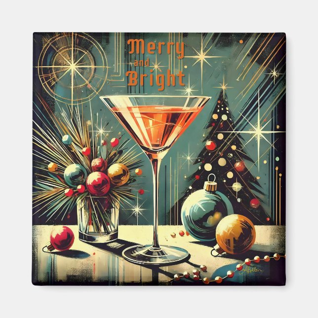 Retro 50-tal Merry & Bright Julmartini Magnet (Framsidan)