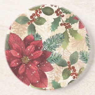 Retro 50-tal Poinsettia Röd Grön Kräm Underlägg Sandsten