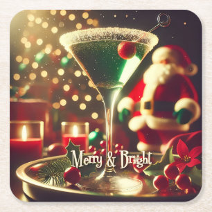 Retro 50-tal Santa julgrön Martini Underlägg Papper Kvadrat