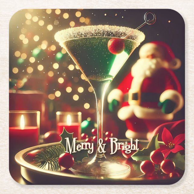 Retro 50-tal Santa julgrön Martini Underlägg Papper Kvadrat (Framsidan)