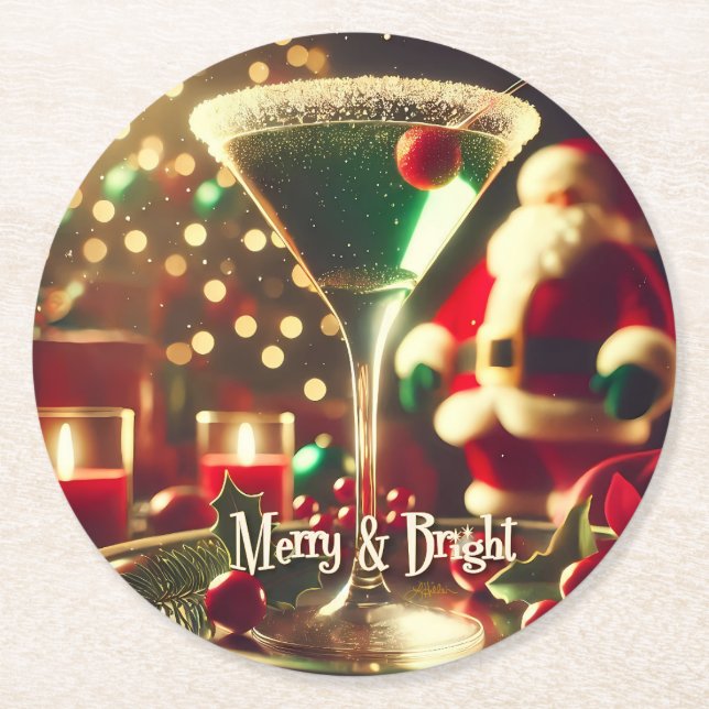 Retro 50-tal Santa julgrön Martini Underlägg Papper Rund (Framsidan)