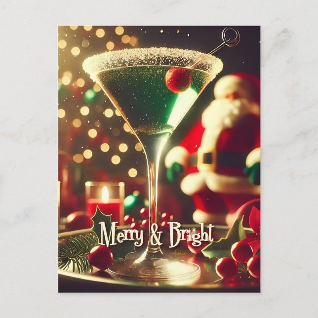 Retro 50-tal Santa julgrön Martini Vykort (Framsida)