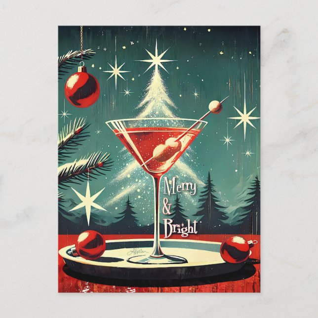 Retro 50-tal Snöflinga Julgran Martini Vykort (Framsida)