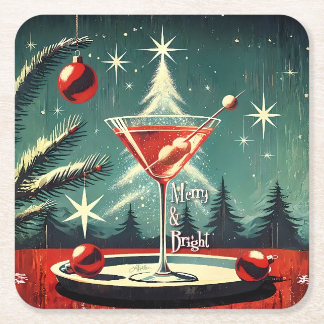 Retro 50-tal Snöyra Julgran Martini Underlägg Papper Kvadrat (Framsidan)