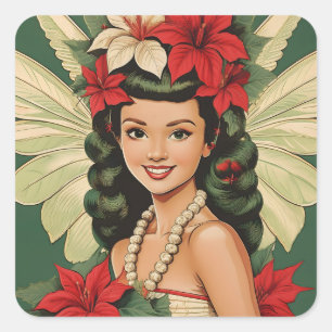 Retro 50-talets tropiska julprinsessa fyrkantigt klistermärke