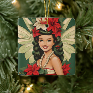 Retro 50-talets tropiska julprinsessa julgransprydnad keramik
