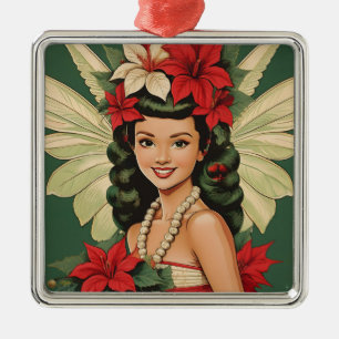 Retro 50-talets tropiska julprinsessa julgransprydnad metall