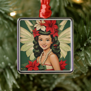 Retro 50-talets tropiska julprinsessa julgransprydnad metall