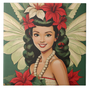 Retro 50-talets tropiska julprinsessa kakelplatta