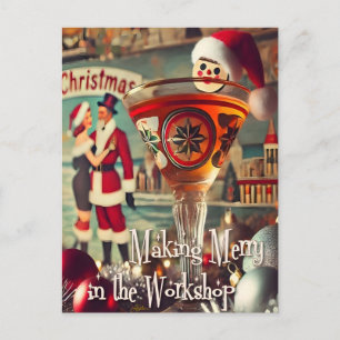 Retro 50-tals Cocktail Making Merry Christmas Work Vykort