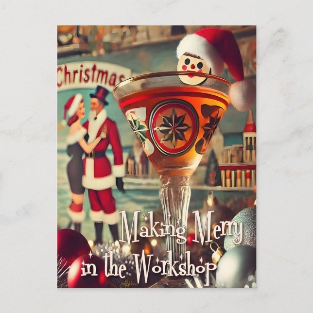 Retro 50-tals Cocktail Making Merry Christmas Work Vykort (Framsida)