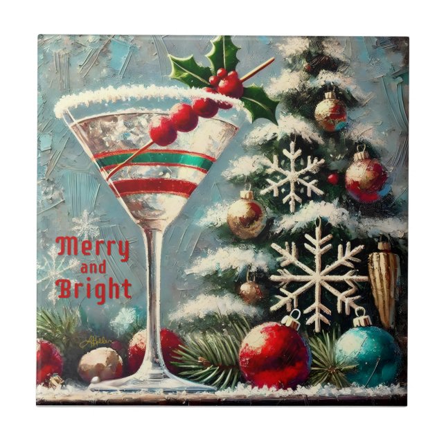 Retro 50-tals Cranberry Snowflake Jul Martini Kakelplatta (Framsidan)