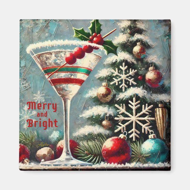 Retro 50-tals Cranberry Snowflake Jul Martini Magnet (Framsidan)
