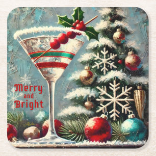 Retro 50-tals Cranberry Snowflake Julmartini Underlägg Papper Kvadrat