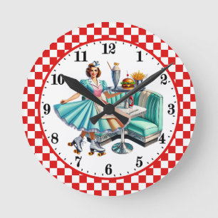 Retro 50-tals Diner Burger pommes frites servitris Rund Klocka