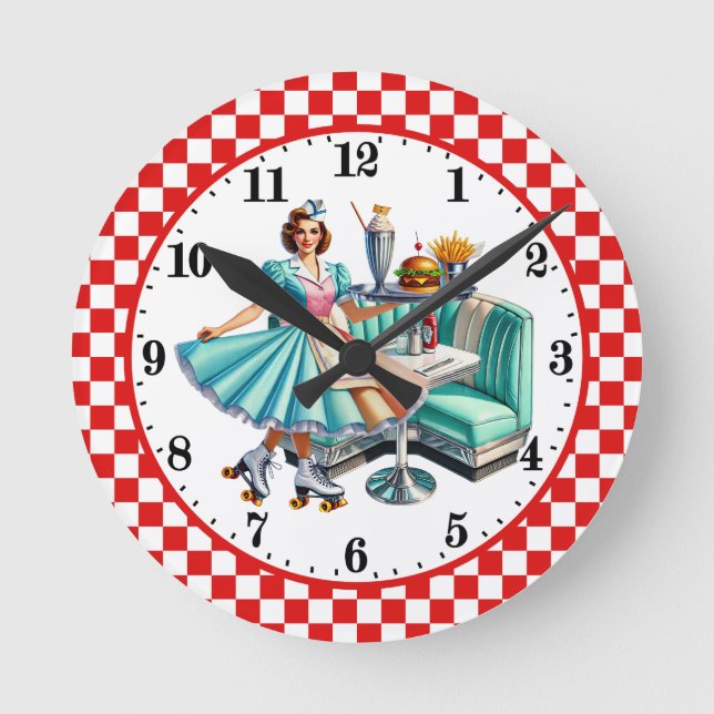 Retro 50-tals Diner Burger pommes frites servitris Rund Klocka (Framsida)