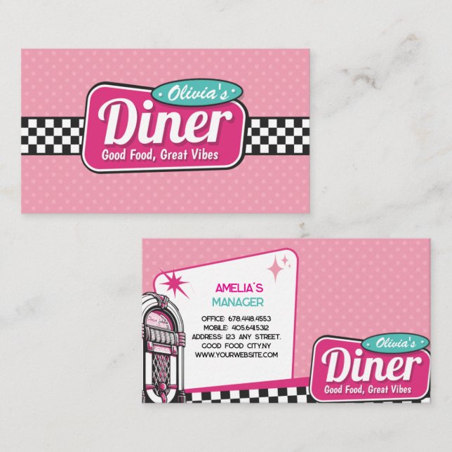 Retro 50-tals diner God mat fantastiska vibbar Visitkort (Fram/baksida)